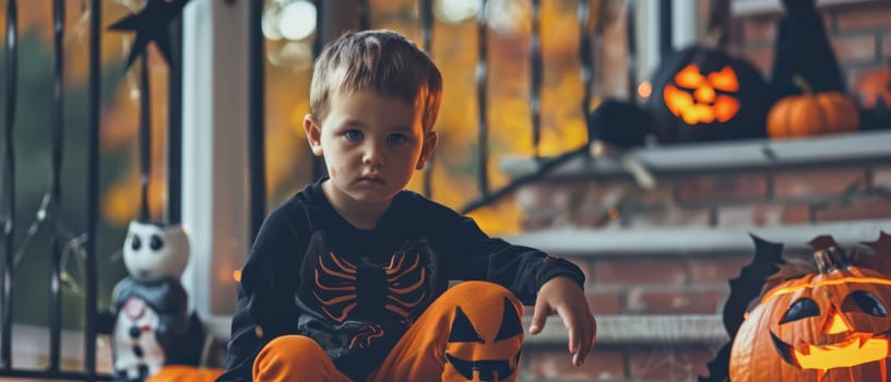 A young boy in Halloween attire sits on steps surrounded by glowing carved pumpkins and festive decorations.