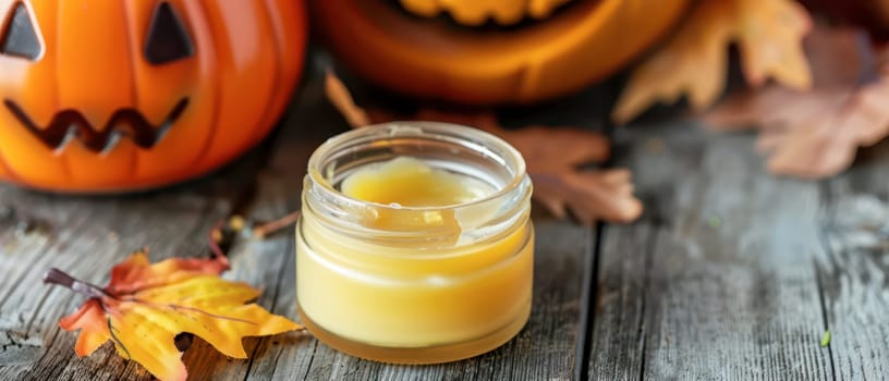 A warm candle sits on a wooden table surrounded by colorful autumn leaves and carved pumpkins, creating a cozy fall atmosphere.