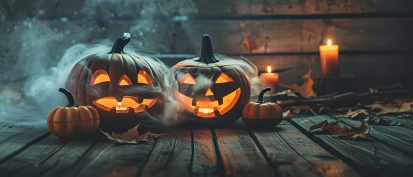 Two carved pumpkins glow beside candles, creating an eerie ambiance with smoke and autumn leaves on a rustic wooden background.