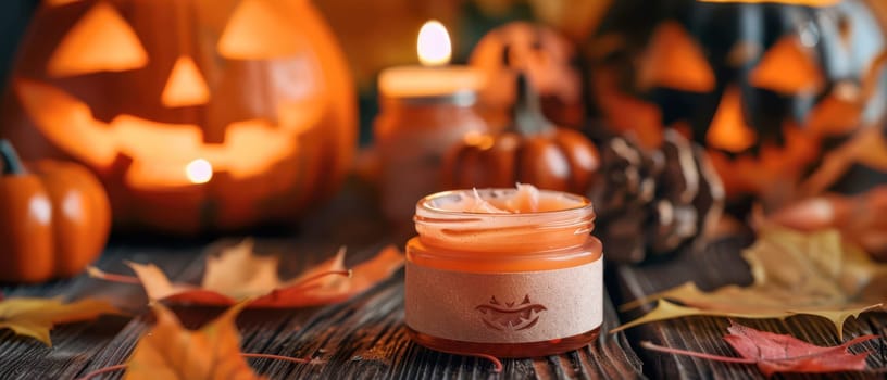 A cozy autumn setup features candles and carved pumpkins among colorful leaves, creating a warm atmosphere.