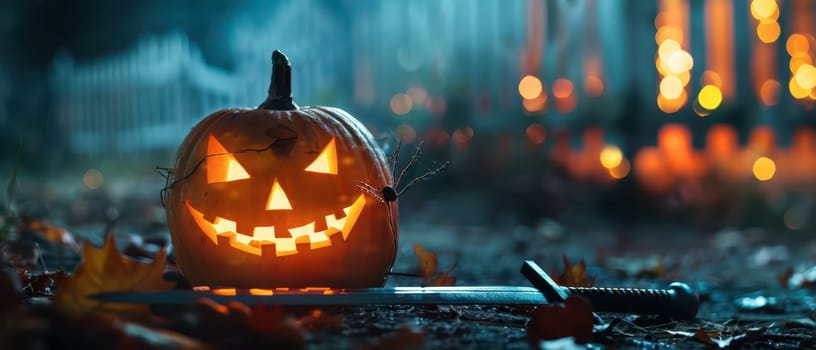 A carved pumpkin glowing with a spooky smile sits next to a sword in a fallen leaf-covered area, illuminated by distant Halloween lights.