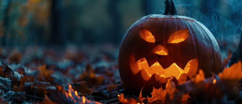 A carved pumpkin with a menacing grin illuminates the forest floor, surrounded by fallen leaves on a crisp Halloween evening.