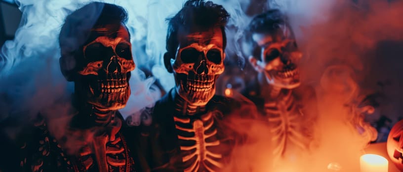 Three skeletons are surrounded by fog and candlelight, creating a spooky atmosphere for Halloween celebrations.