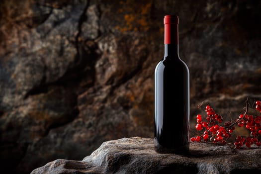 A bottle of red wine is placed on a dark rock background, copy space. AI generated