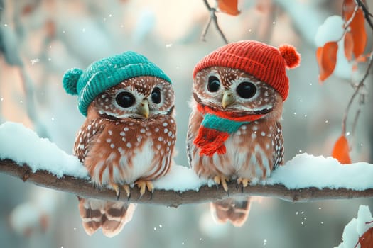 Couple of very cute owls in winter, dressed with a hats and scarfs, sitting together on snowy tree branches. AI generated