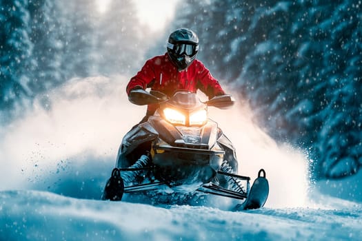 Man driving a snowmobile on winter forest road , dynamic and exhilarating scene. Winter sports fun and active lifestyle. AI generated