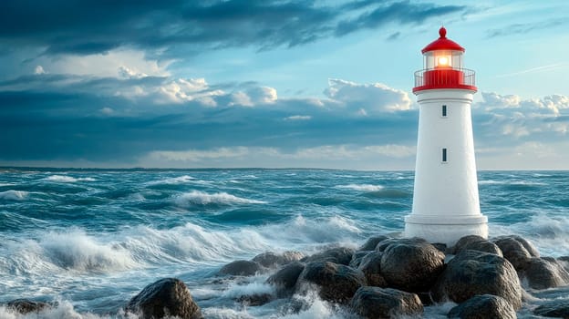 A white lighthouse on rocks in the rough sea under a stormy sky. AI generated