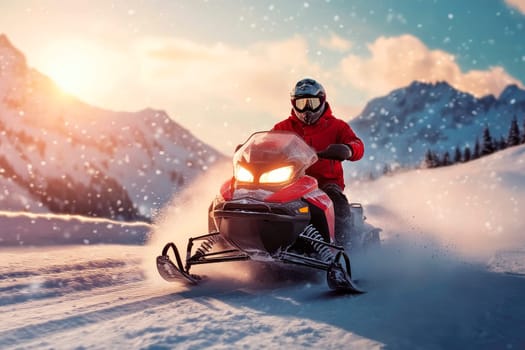 Man driving a snowmobile on winter mountain road , dynamic and exhilarating scene. Winter sports fun and active lifestyle. AI generated