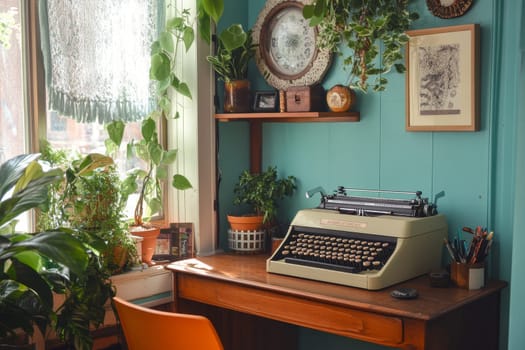 Charming writing corner with vintage typewriter, potted plants, and teal walls, creating an inspiring creative space.