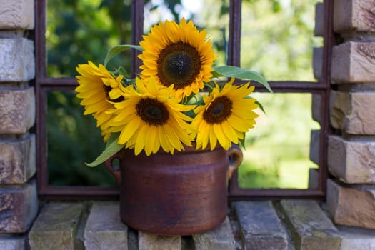 Sunflowers (helianthus) in a vase in old window