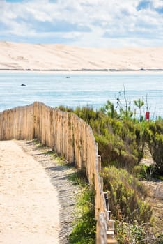 Wooden fence on an Atlantic beach in France, The Gironde Department. Shot with a selective focus