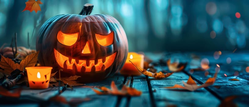 A carved pumpkin with a menacing face illuminates a dark setting, surrounded by fallen leaves and flickering candles, capturing the essence of a Halloween night.