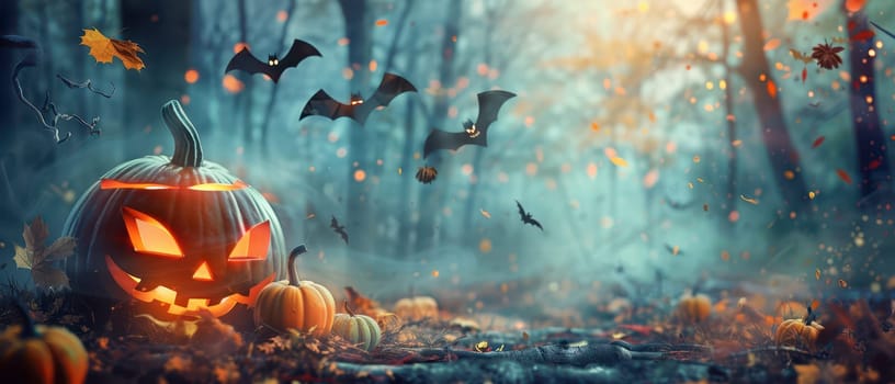 A glowing jack-o'-lantern sits among smaller pumpkins in a foggy forest, while bats fly through the colorful autumn leaves.
