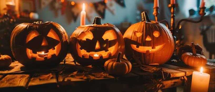 Three intricately carved pumpkins glow with candlelight, surrounded by smaller pumpkins and autumn leaves, creating a festive Halloween atmosphere.