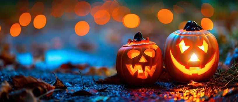 Two carved pumpkins emit a warm glow, surrounded by fallen leaves, as bokeh lights twinkle in the background during a chilly autumn evening.