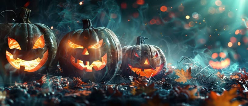 Three carved pumpkins emit a warm glow, surrounded by fallen autumn leaves and a misty atmosphere on a dark night.