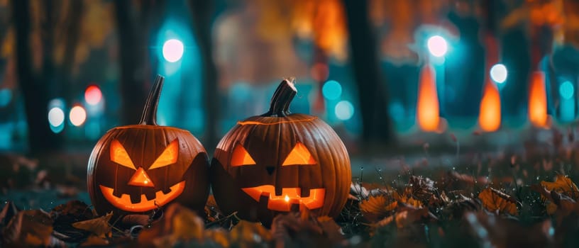 Two illuminated Halloween pumpkins sit amid fallen leaves in a park, surrounded by soft, colorful lights.