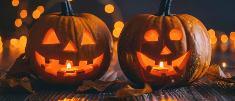 Two jack-o'-lanterns illuminate the darkness with warm candlelight, surrounded by autumn leaves and a backdrop of festive lights.