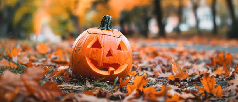 A bright orange pumpkin with a carved smiling face sits on the ground, surrounded by colorful autumn foliage on a sunny day.