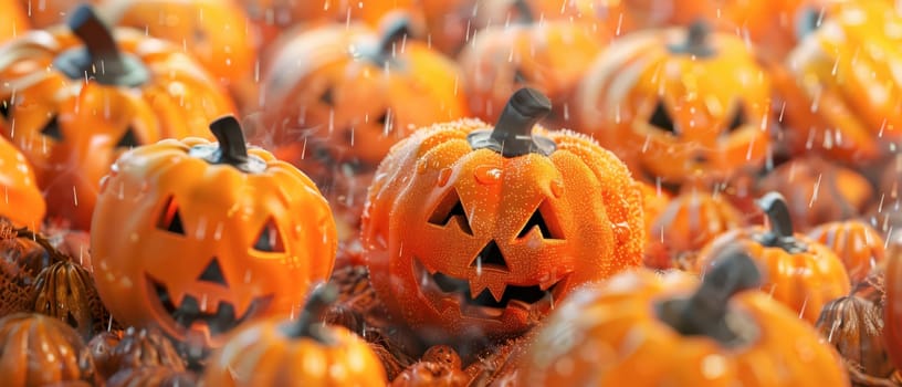Bright orange pumpkins gather in a muddy patch, some carved with playful faces, as rain gently falls around them in the crisp autumn air.