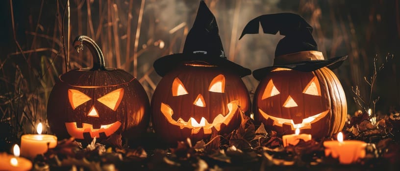 Three jack-o'-lanterns with festive hats glow in a dark, Halloween-themed environment surrounded by candles and autumn leaves.
