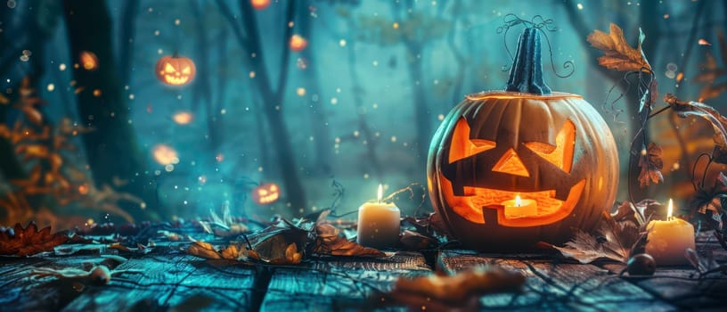 A carved pumpkin with a mischievous grin emits a warm glow, surrounded by candles and autumn leaves in a mysterious, fog-laden forest.