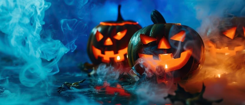 Three jack-o'-lanterns emit a warm glow, surrounded by colorful smoke, capturing the essence of Halloween festivities.