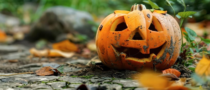 A carved pumpkin with a cheerful expression rests on a stone path surrounded by autumn leaves and greenery.