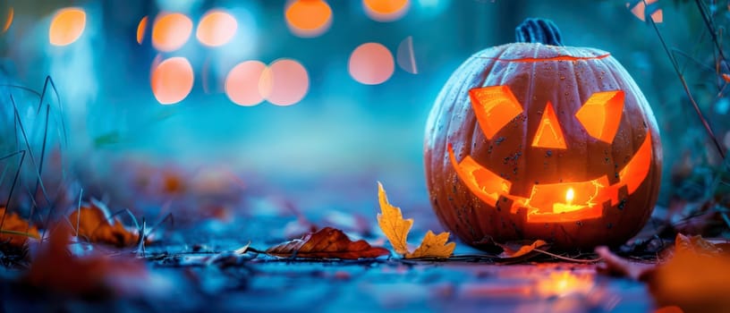 A carved pumpkin emits a warm glow on a path, framed by colorful autumn leaves and soft, blurred lights in the background.