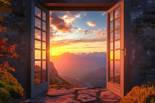 An open door with a view of the amazing sunset on a mountains. AI generated