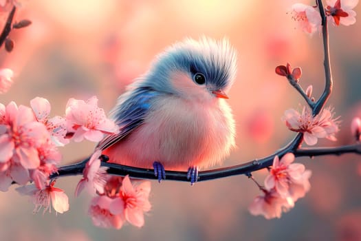 The most adorable fluffy little bird sitting on an blossom spring branch. AI generated