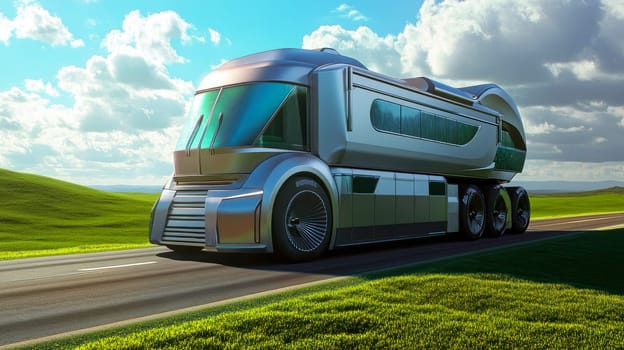 Futuristic heavy-duty truck converted into a electric motorhome, driving on a green grassland road. Ecological travel concept . AI generated