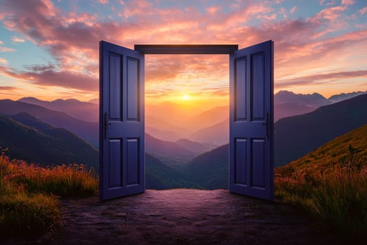 An open door with a view of the beautiful sunset on a mountains. AI generated