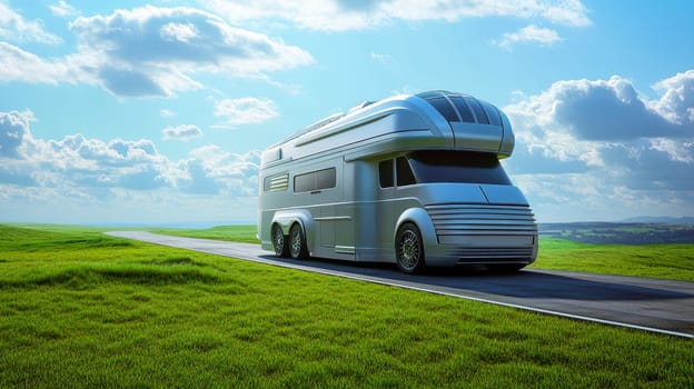 Futuristic heavy-duty truck converted into a electric motorhome, driving on a green grassland road. Ecological travel concept . AI generated
