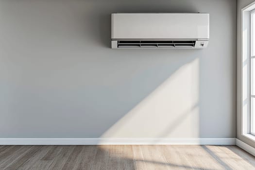 White air conditioning on the wall in the empty room. AI generated