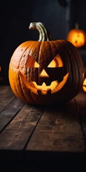 A carved pumpkin sits illuminated, emitting a soft glow while smoke curls upwards. The jack-o'-lantern features a mischievous face, capturing the essence of Halloween festivities and seasonal fun. AI