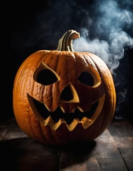 A carved pumpkin sits illuminated, emitting a soft glow while smoke curls upwards. The jack-o'-lantern features a mischievous face, capturing the essence of Halloween festivities and seasonal fun. AI