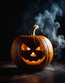 A carved pumpkin sits illuminated, emitting a soft glow while smoke curls upwards. The jack-o'-lantern features a mischievous face, capturing the essence of Halloween festivities and seasonal fun. AI