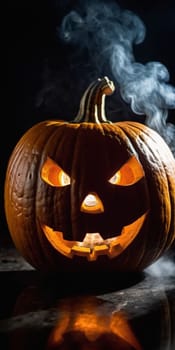 A carved pumpkin sits illuminated, emitting a soft glow while smoke curls upwards. The jack-o'-lantern features a mischievous face, capturing the essence of Halloween festivities and seasonal fun. AI