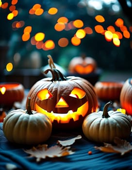 Large, grinning Halloween pumpkin glows among smaller pumpkins and autumn leaves, casting warm, inviting light as candlelight flickers softly in background, perfect for festive evening. Generative AI.