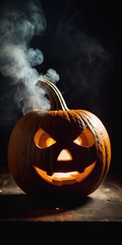 A carved pumpkin sits illuminated, emitting a soft glow while smoke curls upwards. The jack-o'-lantern features a mischievous face, capturing the essence of Halloween festivities and seasonal fun. AI