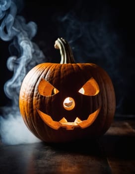 A carved pumpkin sits illuminated, emitting a soft glow while smoke curls upwards. The jack-o'-lantern features a mischievous face, capturing the essence of Halloween festivities and seasonal fun. AI