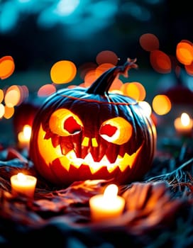 Large, grinning Halloween pumpkin glows among smaller pumpkins and autumn leaves, casting warm, inviting light as candlelight flickers softly in background, perfect for festive evening. Generative AI.