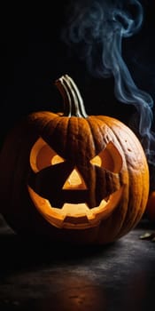 A carved pumpkin sits illuminated, emitting a soft glow while smoke curls upwards. The jack-o'-lantern features a mischievous face, capturing the essence of Halloween festivities and seasonal fun. AI