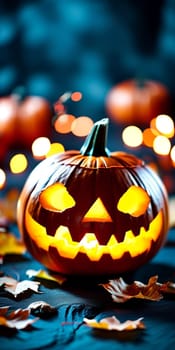 Large, grinning Halloween pumpkin glows among smaller pumpkins and autumn leaves, casting warm, inviting light as candlelight flickers softly in background, perfect for festive evening. Generative AI.