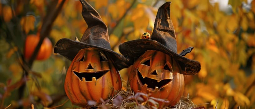 Two carved pumpkins with cheerful faces wearing witch hats are surrounded by autumn foliage and pumpkins.