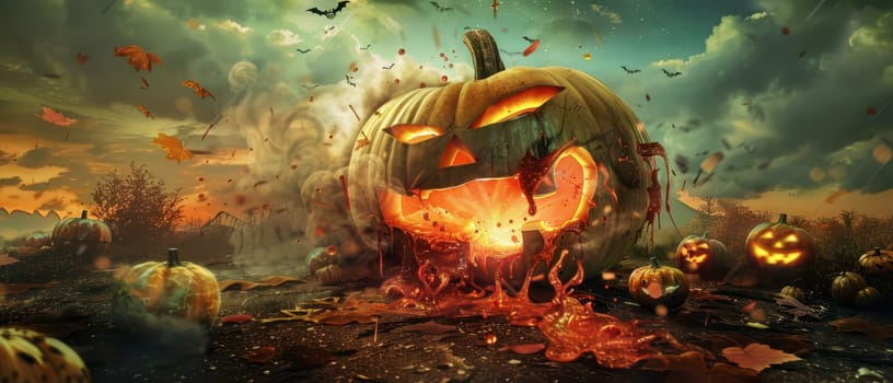 A large pumpkin explodes, spilling glowing orange guts in a Halloween-themed setting filled with smaller pumpkins and autumn leaves.