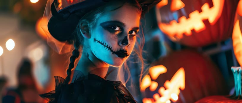 A young girl dressed as a spooky character stands among glowing Halloween pumpkins, showcasing her intricate makeup and costume in a festive atmosphere.