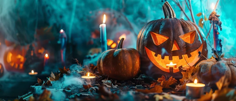 Carved pumpkins illuminate the darkness surrounded by leaves, candles, and fog, creating a festive Halloween ambiance.