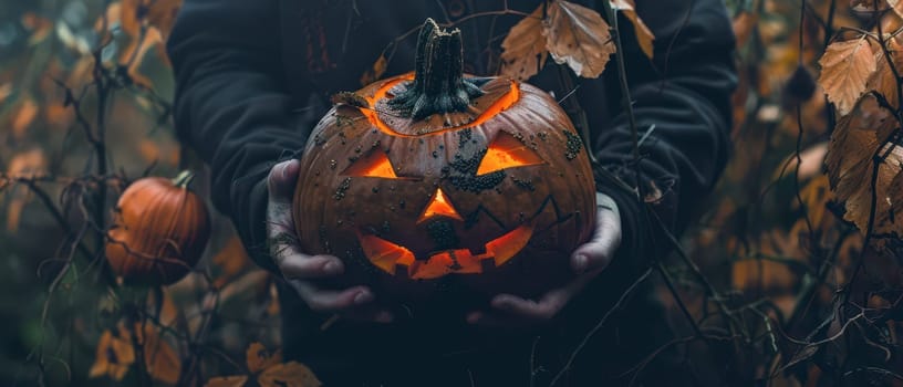 A person cradles a glowing jack-o'-lantern among autumn leaves and pumpkins, showcasing the festive spirit of Halloween in a forest setting.